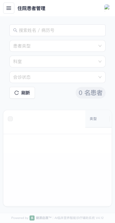 住院患者管理界面示例，显示患者类型、科室、会诊状态筛选